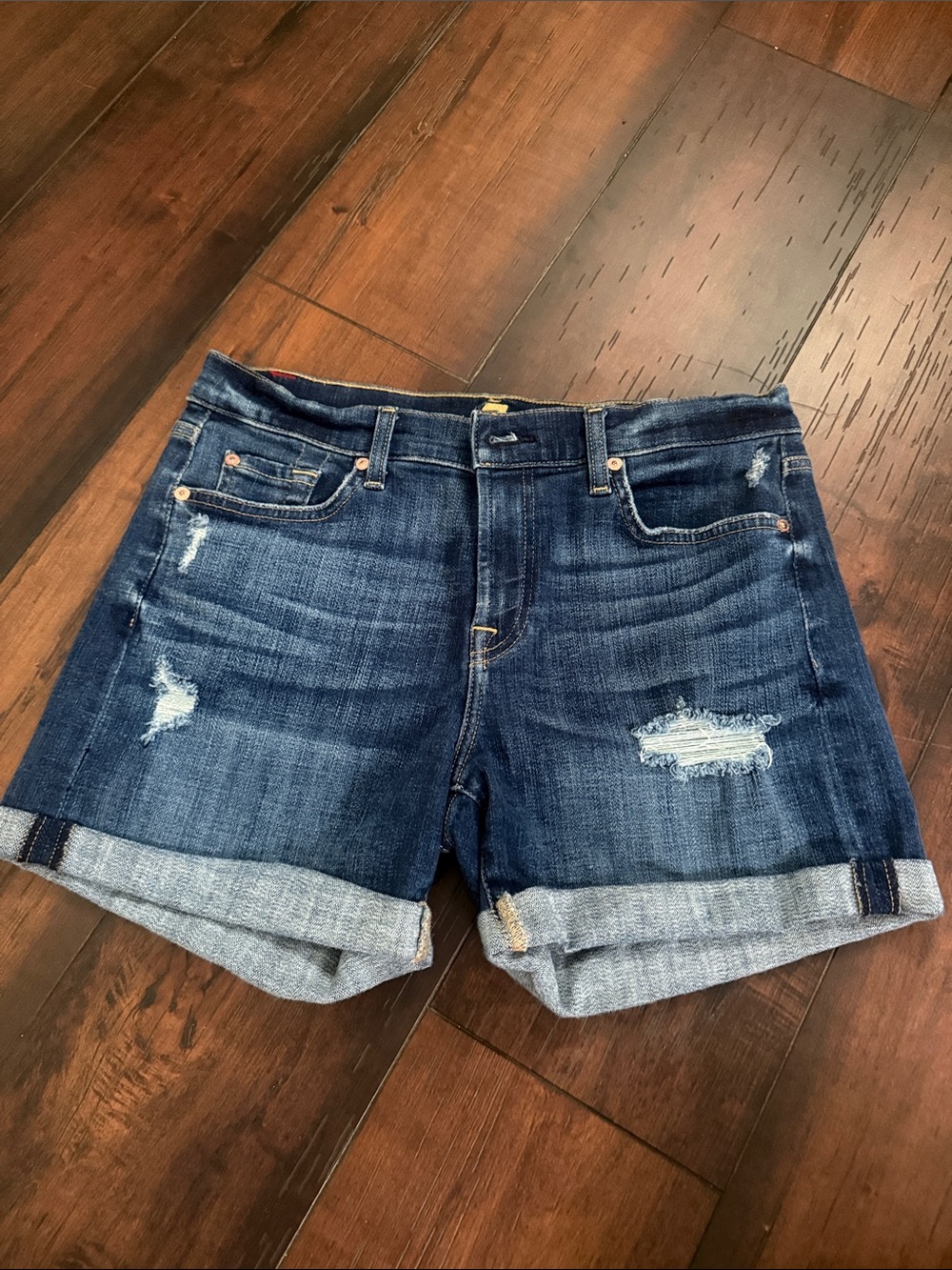 7 For All Mankind Dark Blue Distressed Rolled Cuff Jean Shorts
